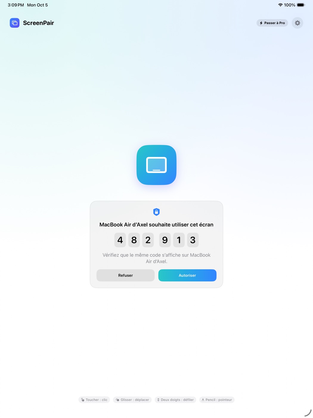 Demande d’appairage sur iPad avec code à 6 chiffres