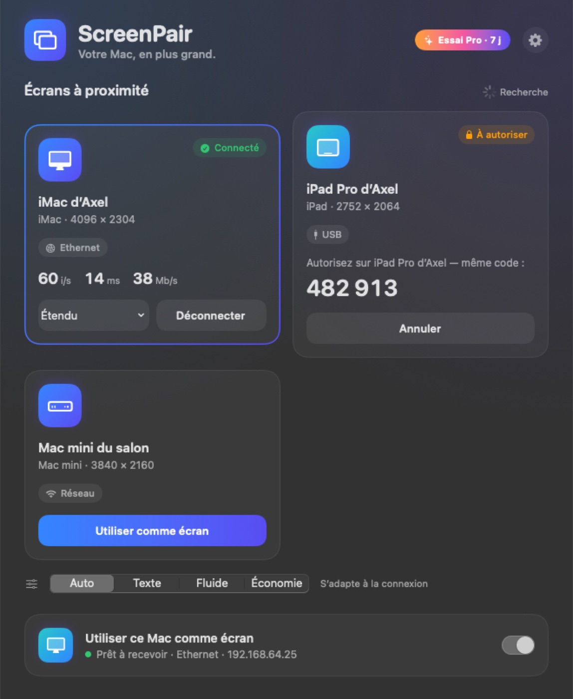 Fenêtre principale de ScreenPair sur Mac, thème sombre